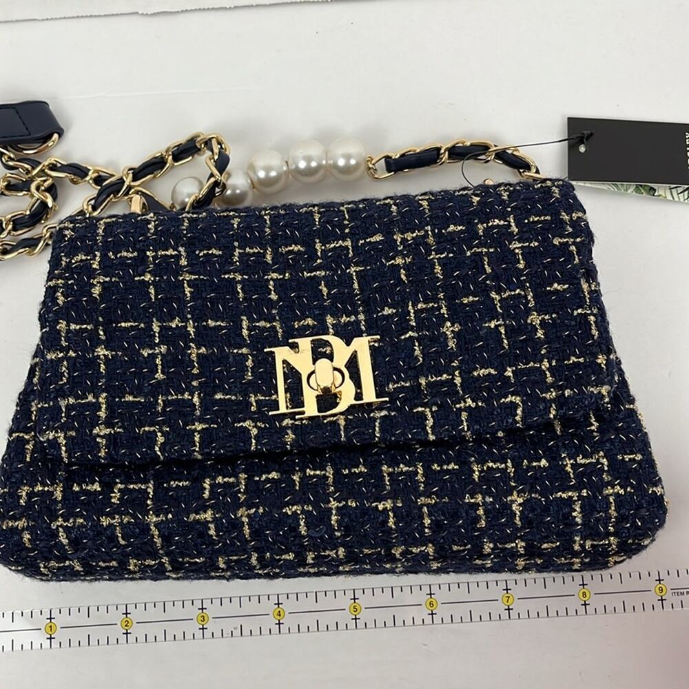 Badgley Mischka Purse Navy Blue Textured Messenger Bag Crossbody Gold Accents - Picture 5 of 11